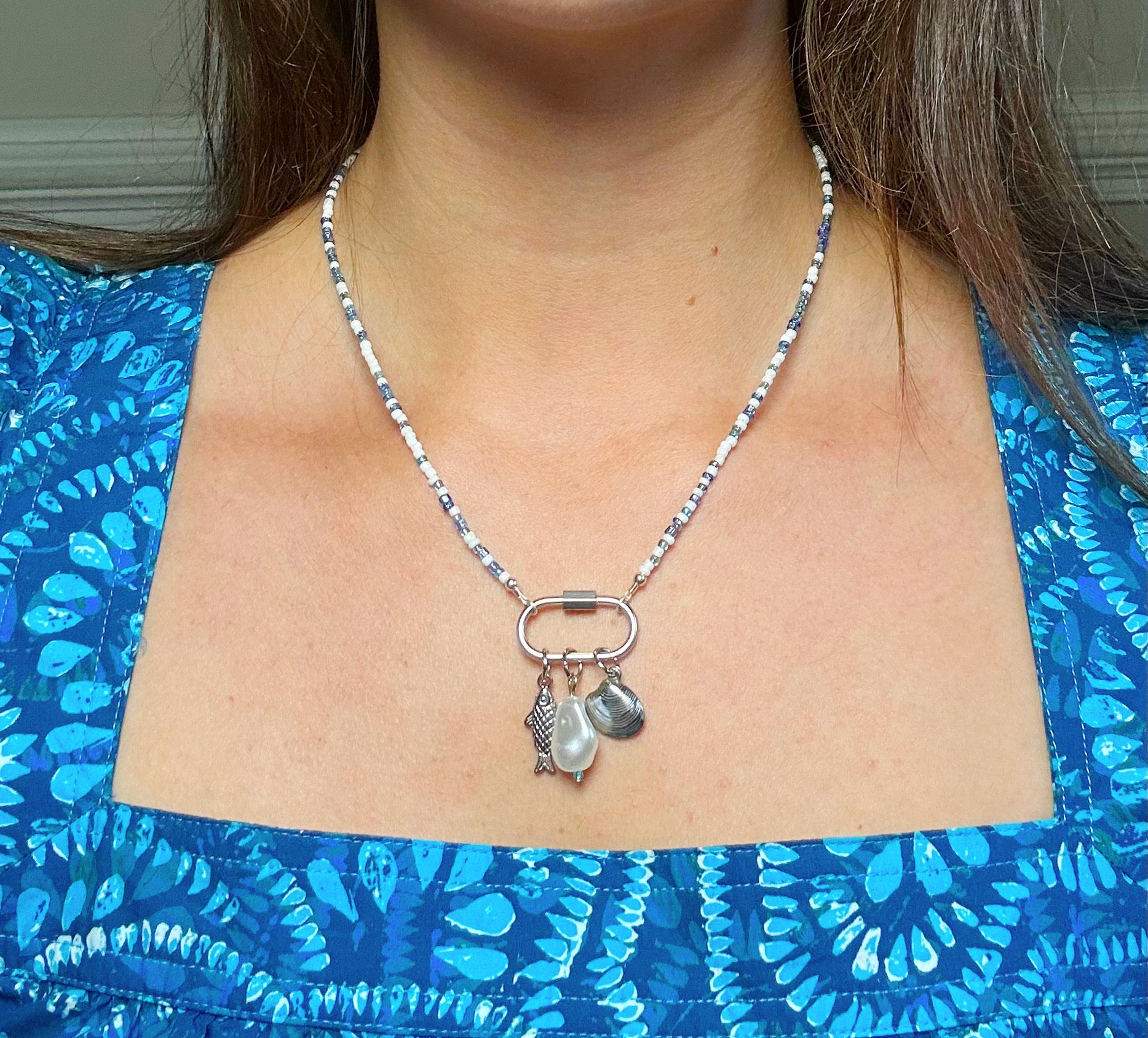 beaded silver carabiner necklace