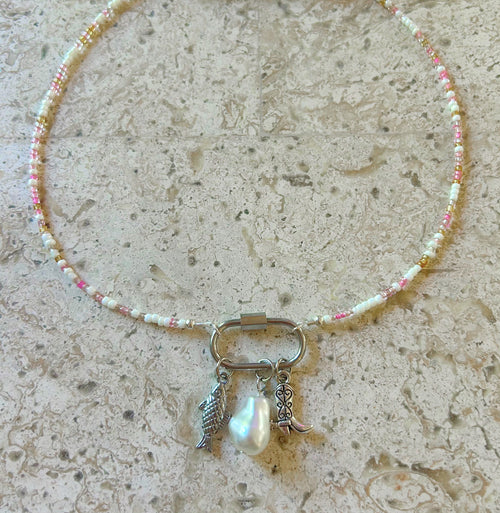 beaded silver carabiner necklace