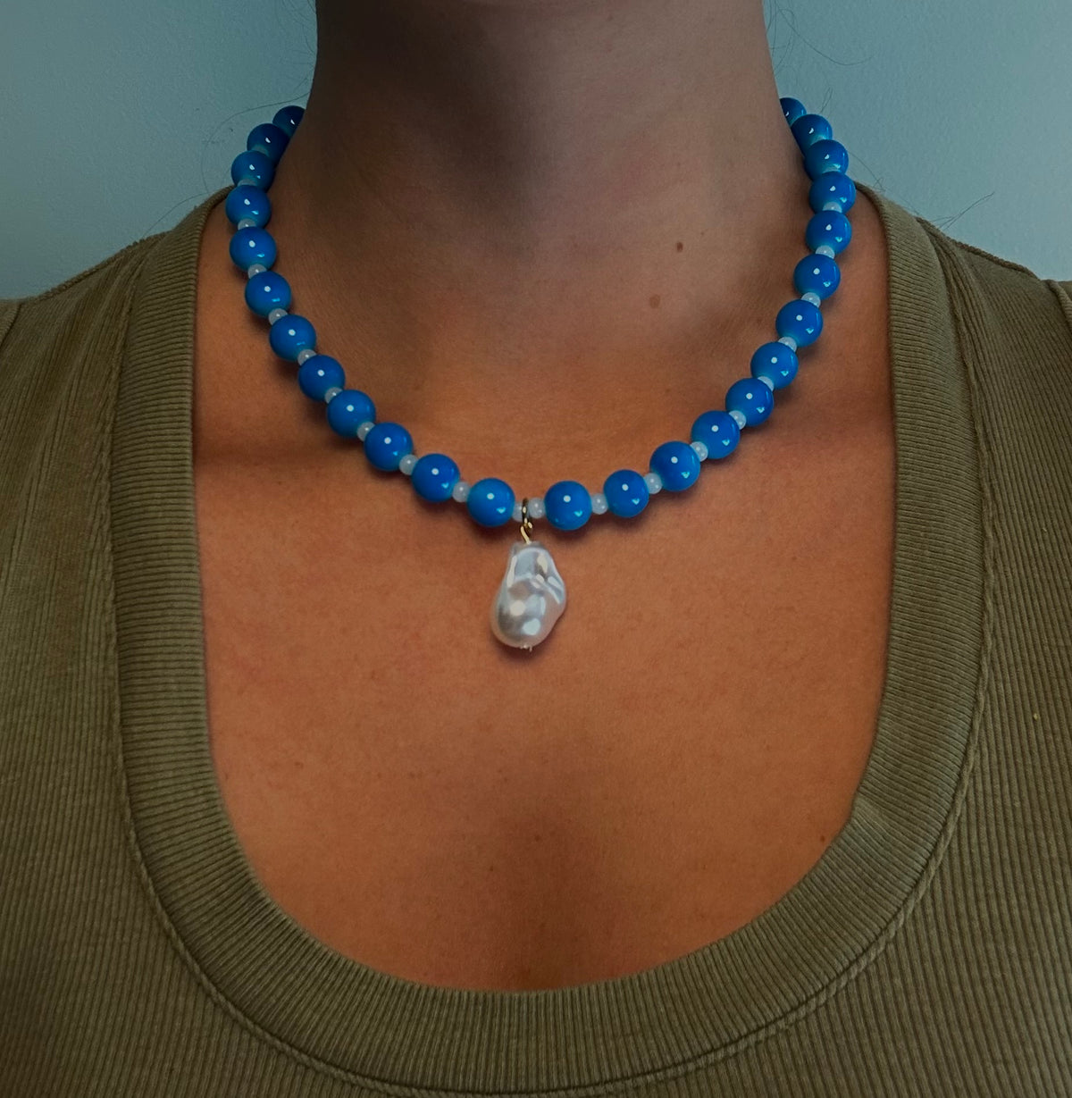 Blue Beaded Pearl Necklace